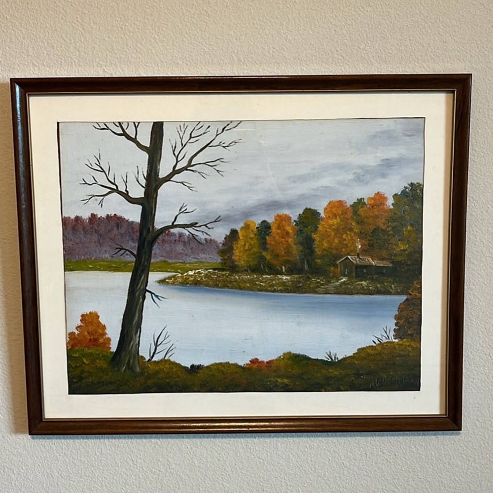Vintage signed original fall autumn landscape painting framed canvas oil acrylic
